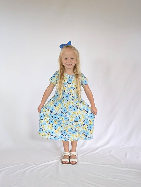 Playtime Dress - Short Sleeve - Blue and Yellow Floral