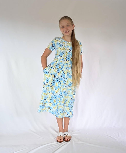 Playtime Dress - Short Sleeve - Blue and Yellow Floral